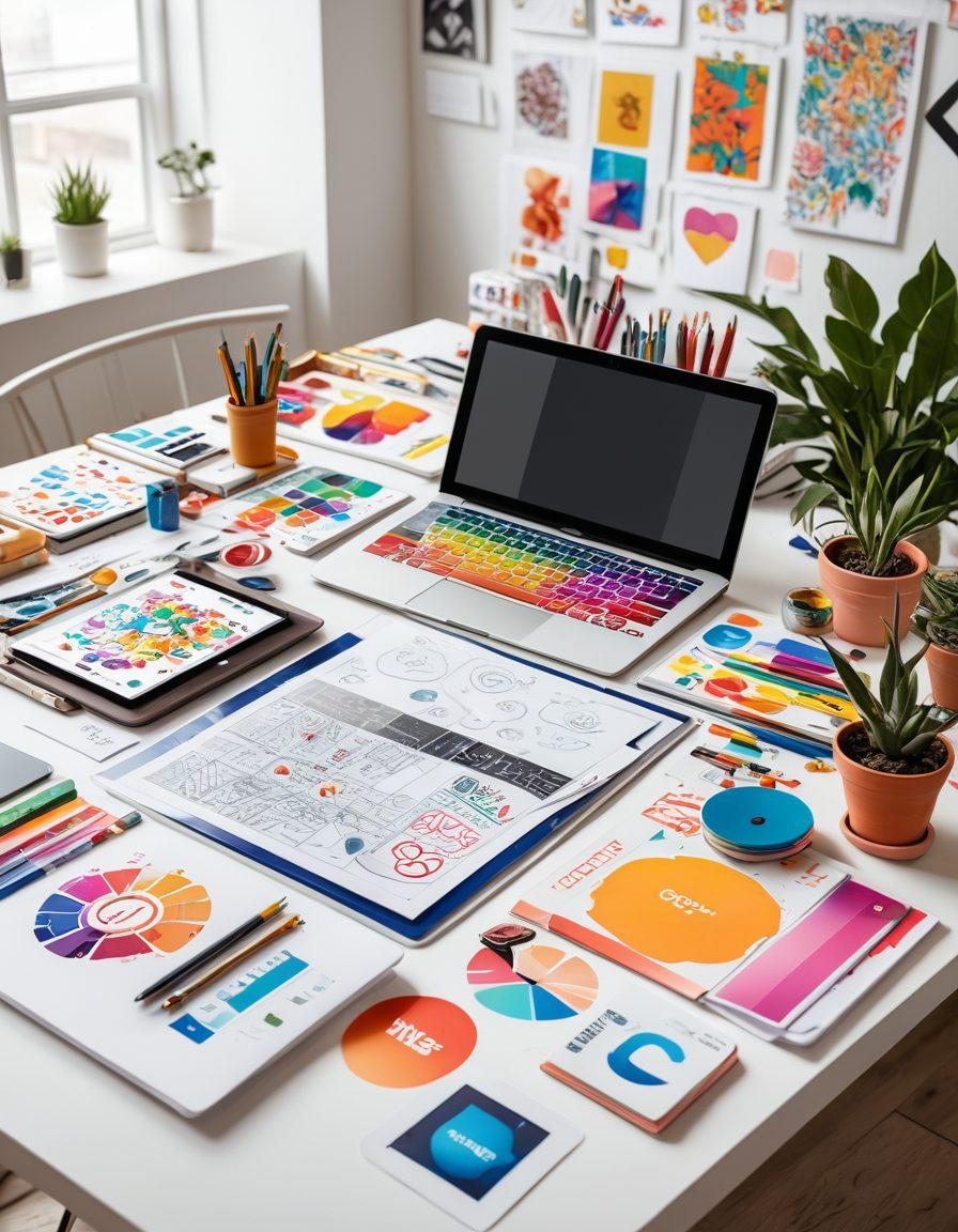 A vibrant workspace showcasing a designer's table filled with colorful logo sketches, digital tablets displaying creative designs, and branding materials. In the background, a large mood board with a diverse array of logos, color palettes, and typography samples. The atmosphere is artistic and inspiring, highlighting the concept of creativity in visual branding. super-realistic. vibrant colors. clean white background.