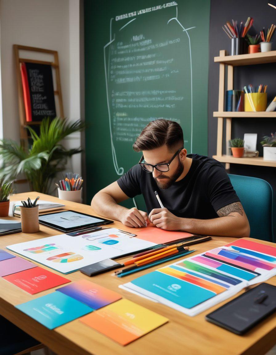 A creative workspace featuring a designer sketching a unique logo concept on a digital tablet, surrounded by colorful branding materials like business cards and color palettes. In the background, a chalkboard with branding ideas and inspirational quotes is visible, with vibrant splashes of color throughout the scene depicting creativity and innovation. super-realistic. vibrant colors. modern design.