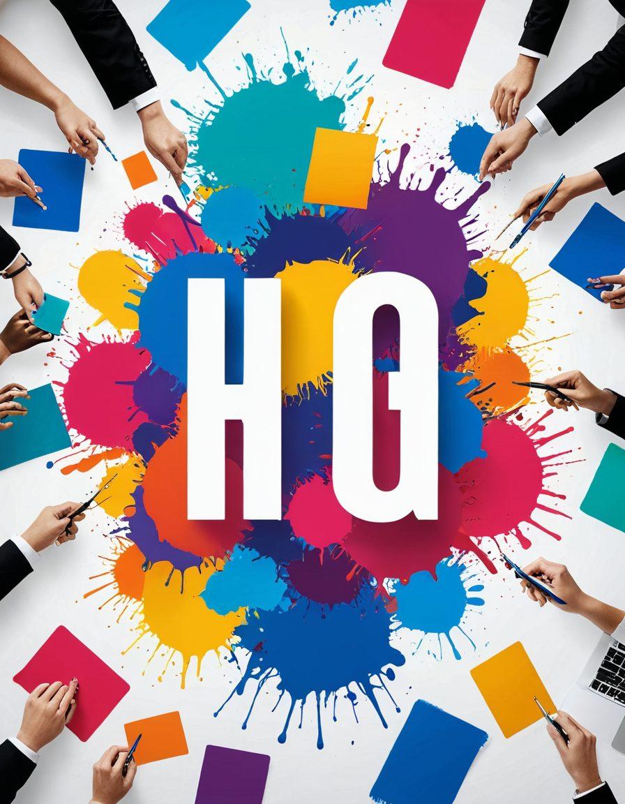 An abstract representation of a vibrant logo design studio, showcasing a diverse range of custom logos being crafted. Include elements symbolizing corporate identity, such as business cards and branding materials scattered around. Emphasize creativity and innovation with colorful paint splashes and design tools in the backdrop. Capture a sense of collaboration with silhouettes of individuals brainstorming. modern flat design. vibrant colors. white background.